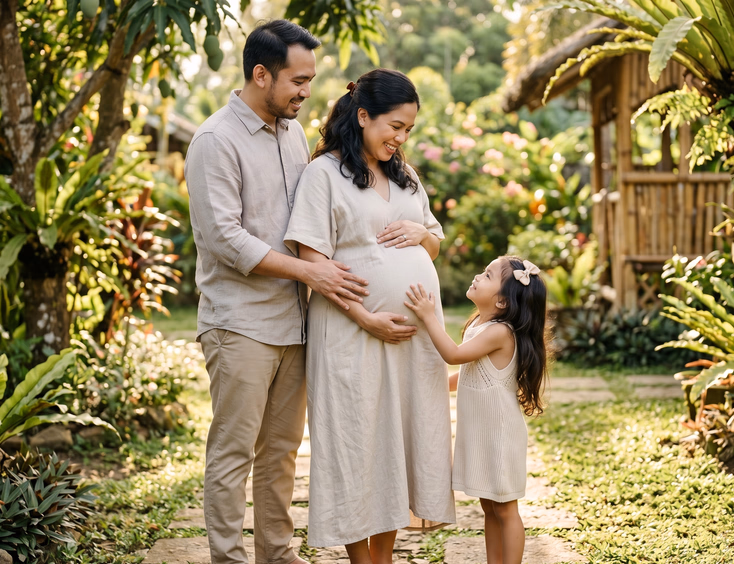 A pregnant Filipino family in coordinated neutral-toned outfits stands together, with the mother's baby bump as the main focus in soft natural light.
