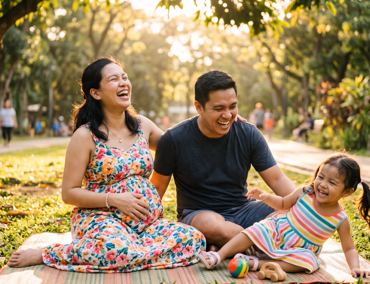 A candid portrait captures a pregnant Filipino woman laughing joyfully with her partner and young child while mid-play in bright, warm natural light.