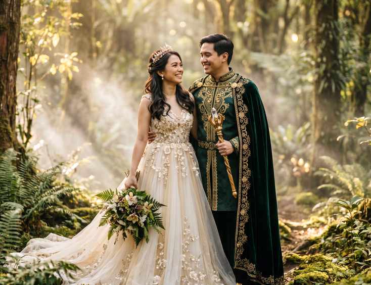 Filipino couple in fantasy queen and regal tunic outfits posing in a misty enchanted forest for a prenup shoot.