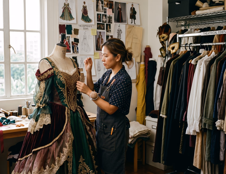 Filipina wardrobe stylist hand stitching a custom fantasy gown in a studio surrounded by theatrical costume rentals.