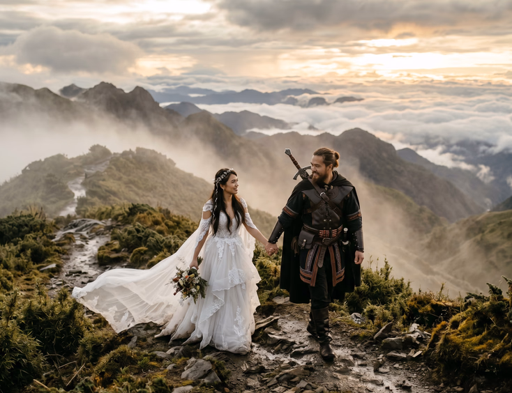 Filipino couple in fantasy outfits walking on a misty Mount Pulag ridge during sunrise for a prenup shoot.