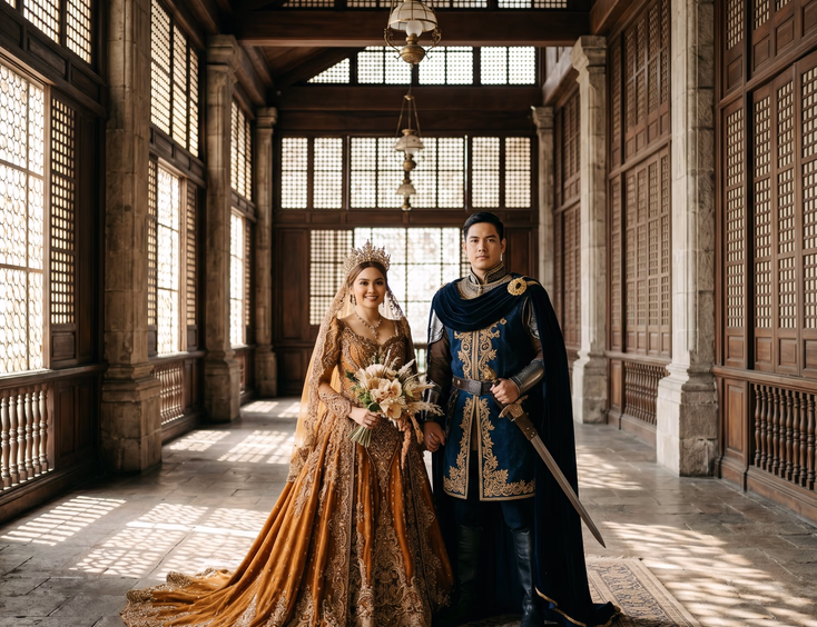 Regal hero portrait of a Filipino couple in fantasy queen gown and royal regalia inside a grand heritage hall.