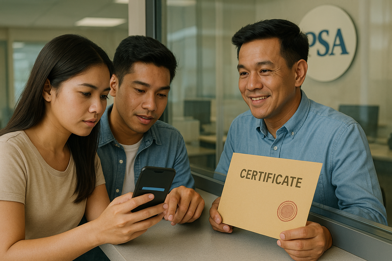 Couple following up on PSA marriage certificate at a service counter