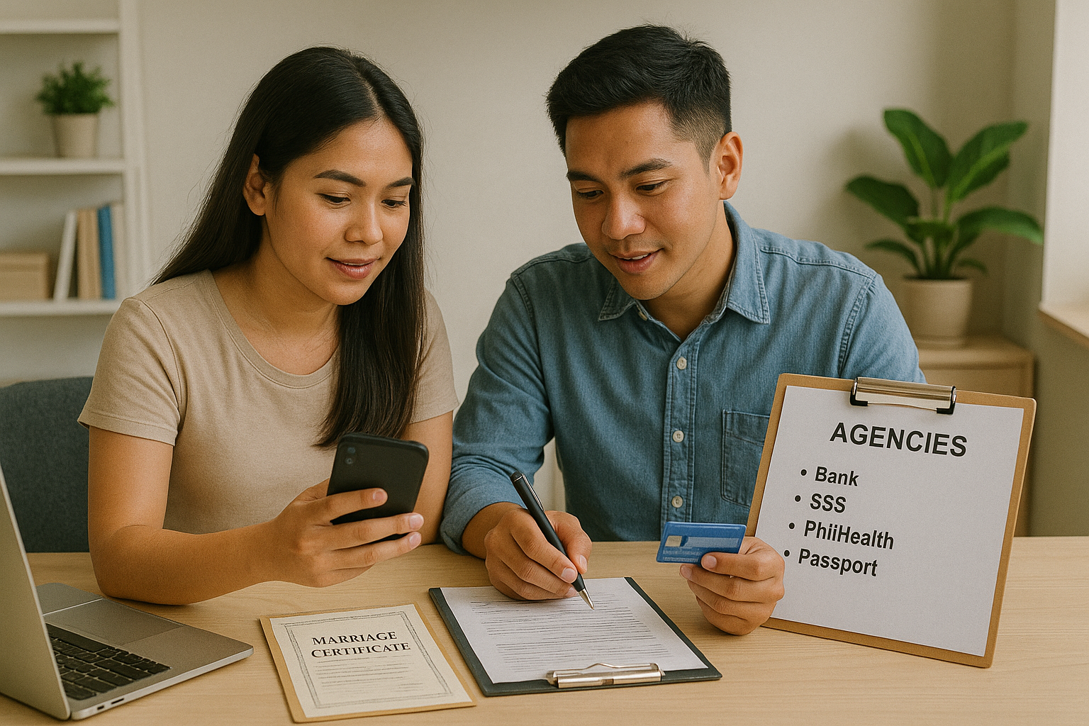 Couple preparing name change updates with marriage certificate and IDs