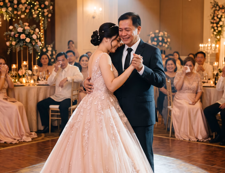 Filipina debutante in a blush ball gown shares an emotional father-daughter slow dance in a warmly lit ballroom with crying guests.