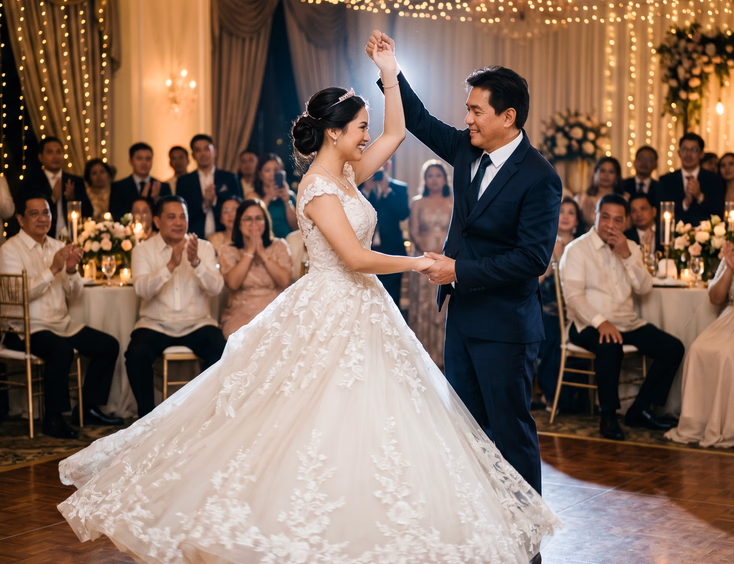 A Filipina debutante in an ivory ball gown twirls with her father during a heartfelt slow dance under a spotlight in a ballroom.