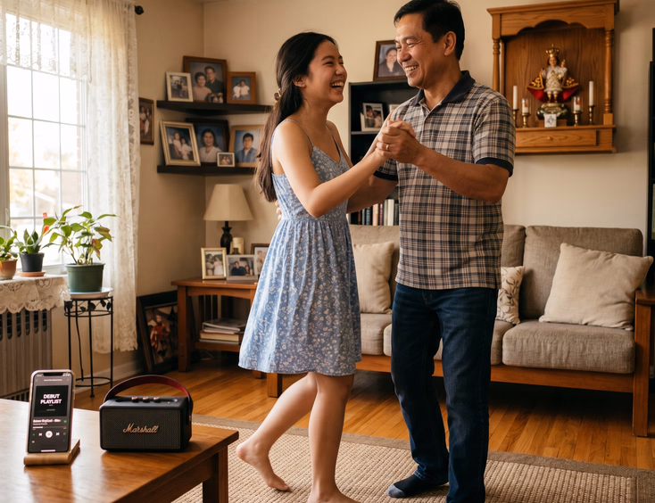 Filipina debutante practices waltz steps with her father in their living room, laughing in casual clothes with music from a phone.