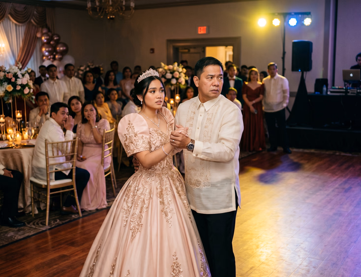 Filipina debutante and father look awkwardly out of sync during a ballroom dance, glancing at the DJ booth due to mismatched music.