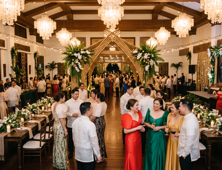 Elegant Filipino corporate event with classic Filipiniana decor, guests in barong and terno gowns mingling under capiz chandeliers.
