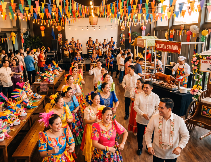 Vibrant Filipino company fiesta corporate party with employees dancing in colorful festival attire under hanging banderitas and MassKara masks.