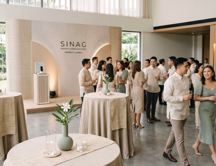 Sleek minimalist Filipino corporate product launch in a modern Filipiniana style, with guests in contemporary barongs and terno silhouettes.