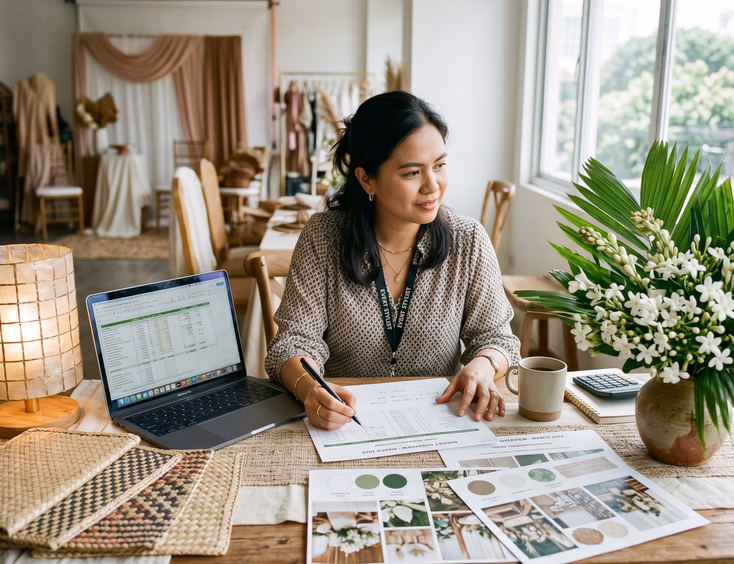 Filipino event stylist and corporate planner reviewing budget plans and mood boards at a styled mock setup table in a Manila events studio.