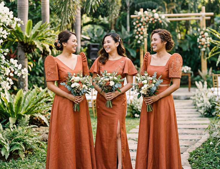 Three Filipino bridesmaids in terracotta jusi Filipiniana gowns with different silhouettes including A-line column and crop top skirt set standing in an outdoor garden venue
