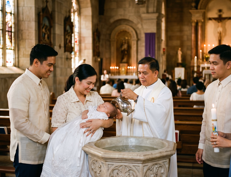 A Filipino priest pours water over a baby's forehead during a Catholic baptism ceremony with the parents and godparents in a church.
