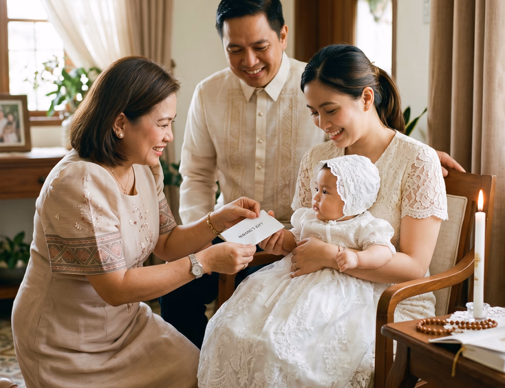 A Filipino ninang gives a white baptism gift envelope to a baby in a christening gown, with the mother and ninong watching warmly at home.
