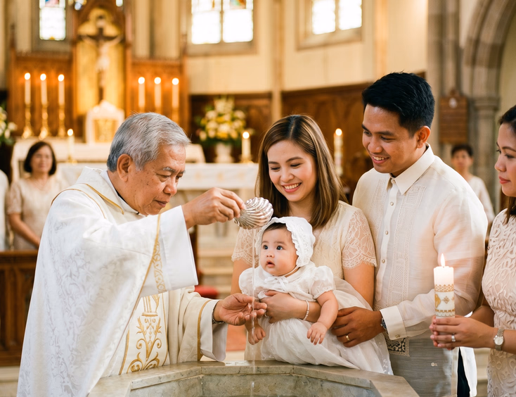 Close-up of a Filipino priest pouring water from a silver shell onto an infant's forehead during a Catholic church christening ceremony.