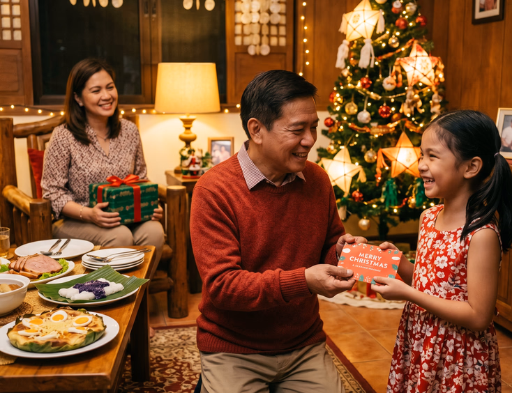 A Filipino godfather hands a red Christmas cash envelope to his godchild at home near a decorated holiday tree with traditional parols.