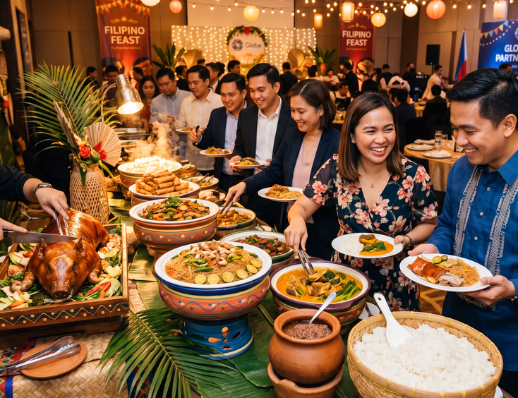 Vibrant Filipino buffet at a company party featuring lechon, pancit, and kare-kare. Filipino guests in smart attire serve themselves under warm festive lighting.