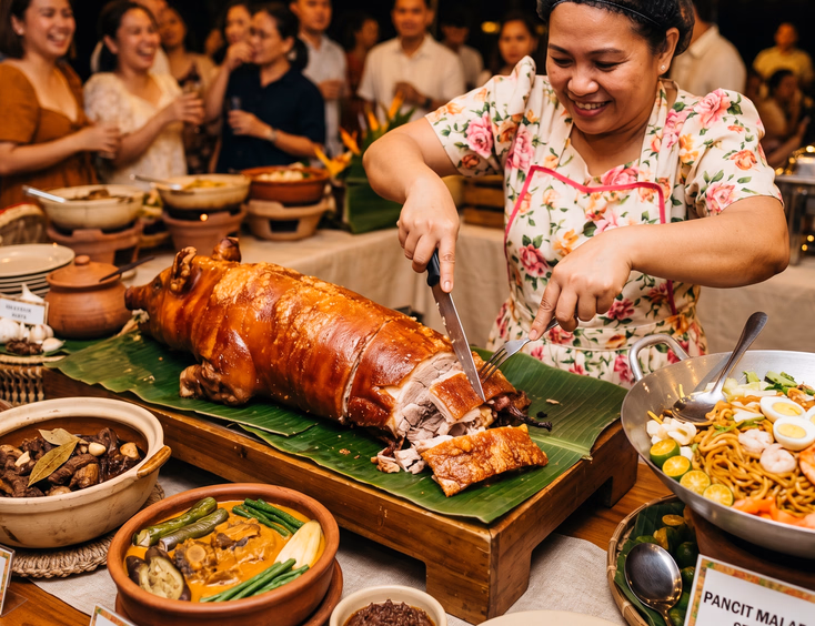 Close-up of a Filipino party buffet centerpiece with whole roasted lechon, adobo, and kare-kare, showing a Filipino server slicing the crispy skin.