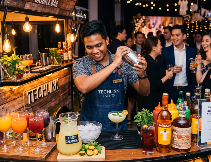 A Filipino bartender at a mobile bar mixes a signature cocktail with calamansi juice at a company event, with guests in smart attire chatting nearby.