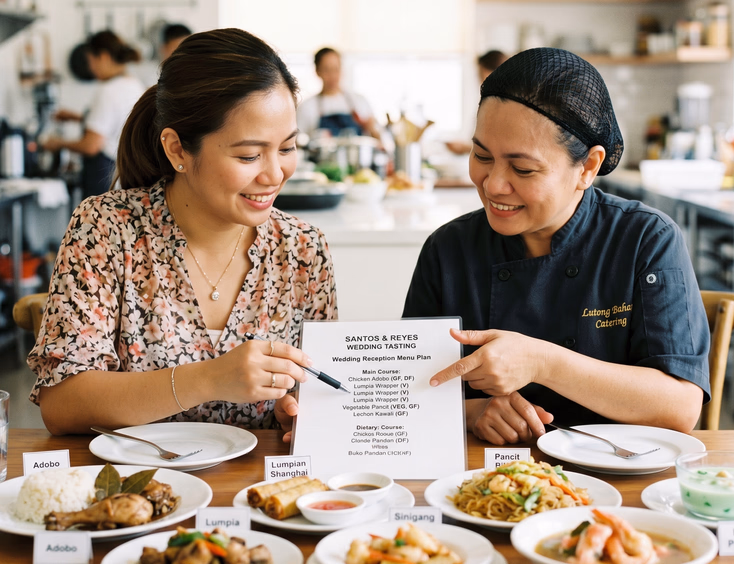 Filipino events planner and caterer review a menu plan together at a food tasting table with sample Filipino dishes and a list of dietary options.