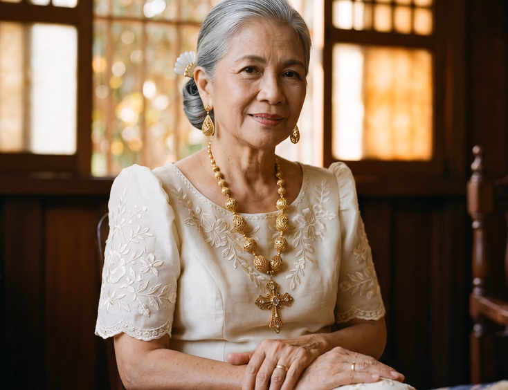 Close-up portrait of an elderly Filipina woman wearing an antique 22k gold tamburin necklace over a modern terno blouse.