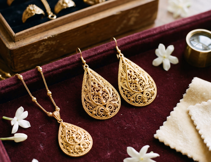 Detailed flat lay of handcrafted Filipino gold filigree teardrop earrings and pendant on a velvet tray with sampaguita petals.