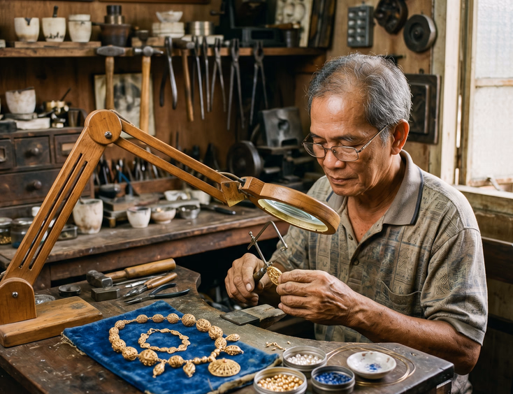 A Filipino master goldsmith repairing a heritage tamburin necklace at an artisan workbench in Meycauayan, Bulacan.