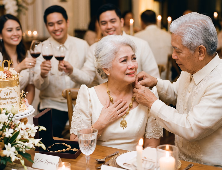 Elderly Filipino husband gifting an antique gold tamburin necklace to his wife during their anniversary dinner.