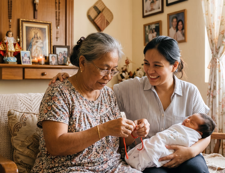 A Filipino grandmother ties a protective red string bracelet on a newborn's wrist as the mother smiles in a cozy home with religious icons.