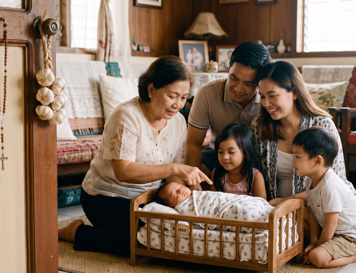 A Filipino family gathers around a newborn at home, where a relative performs a pwera usog gesture on the baby for protection from harm.