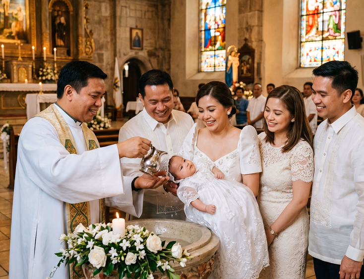 A Filipino Catholic christening ceremony shows a priest blessing a baby held by godparents ninong and ninang, with parents standing beside them.