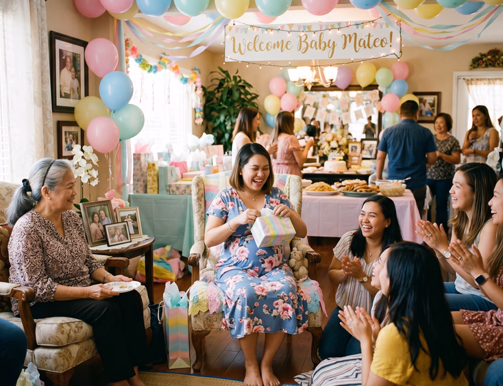 A festive Filipino baby shower at home shows a pregnant woman opening gifts surrounded by family, friends, and colorful pastel decorations.
