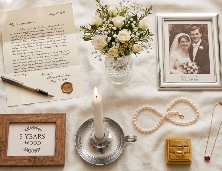 Flat lay arrangement of traditional wedding anniversary symbols representing different years on an ivory linen background.