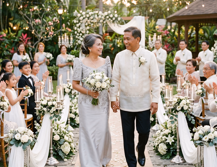 Filipino couple in their late 50s celebrating their silver wedding anniversary walking down a decorated garden aisle.
