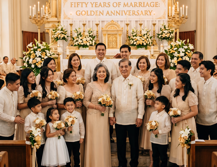 Filipino couple in their late 70s celebrating their golden wedding anniversary surrounded by extended family at a church altar.
