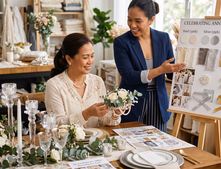 Filipino bride in her 50s and a wedding stylist reviewing anniversary-themed decor samples and mood boards.
