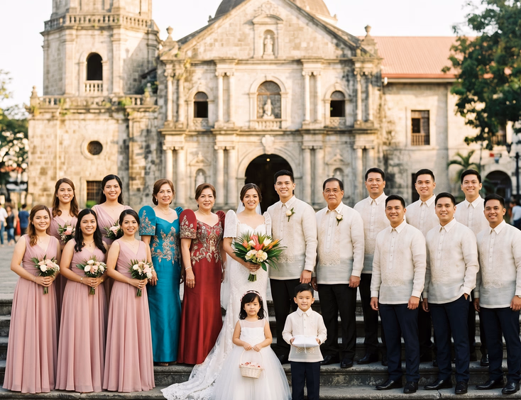 Filipino wedding entourage posed on the steps of a classic Philippine Catholic church, with the bride and groom at center flanked by bridesmaids in dusty rose chiffon gowns, groomsmen in cream jusi Barong Tagalog, principal sponsors in Filipiniana ternos and piña barongs, and young flower girl and ring bearer in front, bathed in golden afternoon sunlight