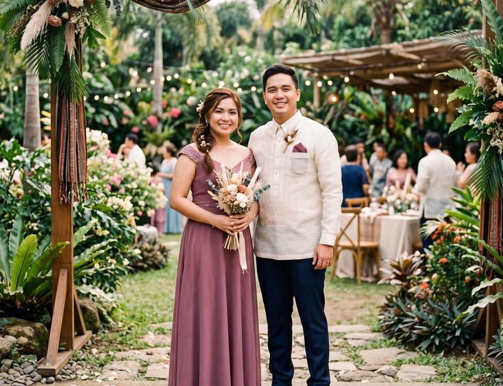 Filipino maid of honor in a deep mauve off-shoulder floor-length gown holding dried florals and best man in cream Barong Tagalog with a mauve pocket square standing together at the entrance of a garden wedding venue in the Philippines surrounded by lush tropical greenery