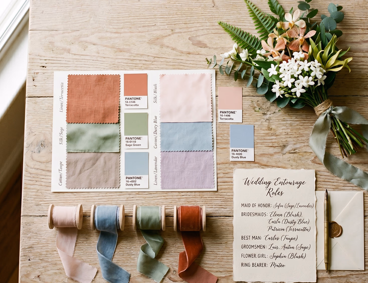 Flat lay of Filipino wedding color planning materials on a light wooden table including fabric swatches in terracotta, sage, taupe, blush, dusty blue, and lavender, Pantone cards, local Philippine flowers, ribbon samples, and a handwritten note with entourage role names