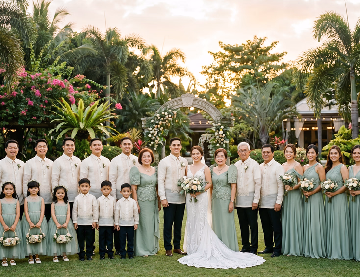 Large Filipino wedding entourage of approximately twenty-five people in two rows on a garden lawn wearing coordinated sage and cream outfits including bridesmaids in sage chiffon gowns, groomsmen in cream Barong Tagalog, sponsors in Filipiniana ternos and embroidered barongs, and young bearers and flower girls in front during golden hour