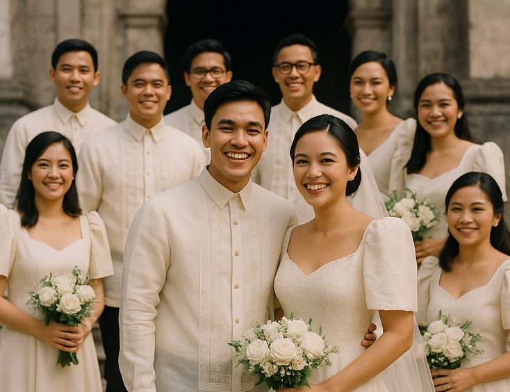 Young Filipino couple with full wedding entourage outside a church in barong and ternos smiling after the ceremony