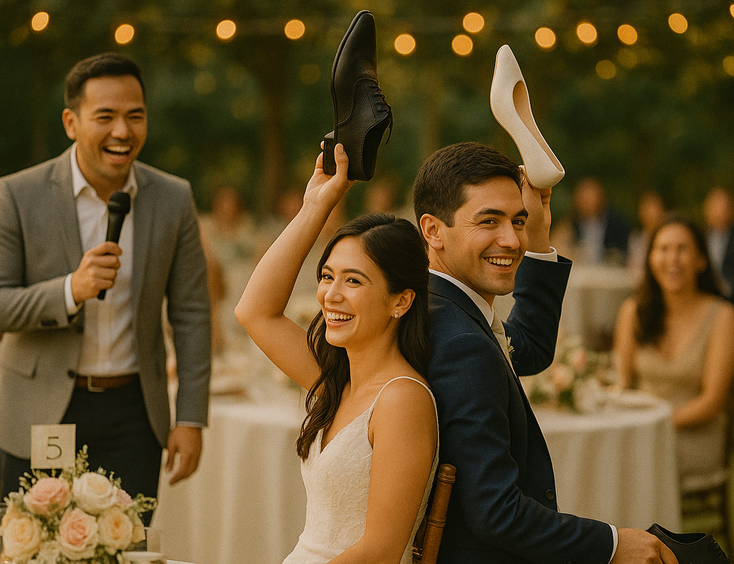 Young Filipino couple playing icebreaker games with an Emcee and guests smiling around them