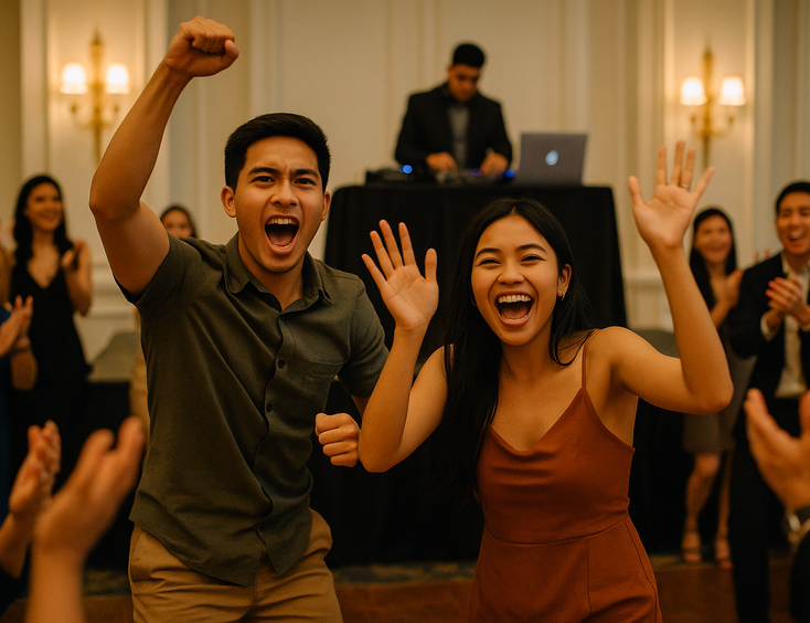 Young Filipino couple hyping a high energy wedding game as guests cheer and clap