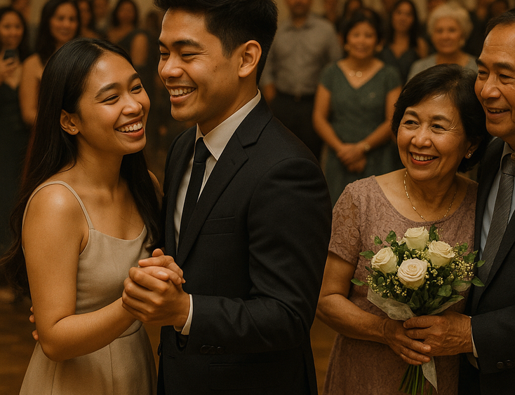 Young Filipino couple honoring the longest married pair during a sweet anniversary dance