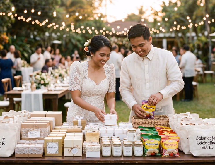 Filipino bride and groom smiling behind a rustic wooden table filled with wedding giveaways including wrapped boxes, personalized tote bags, candles, and polvoron packages at a garden reception with golden hour lighting and string lights overhead