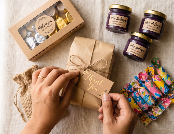 Filipino wedding edible giveaways flat lay featuring pastillas in Japanese paper, polvoron in kraft box, ube halaya in mini glass jars, and Batangas coffee beans tied with twine, with a bride's hand placing a Thank You tag on cream linen surface