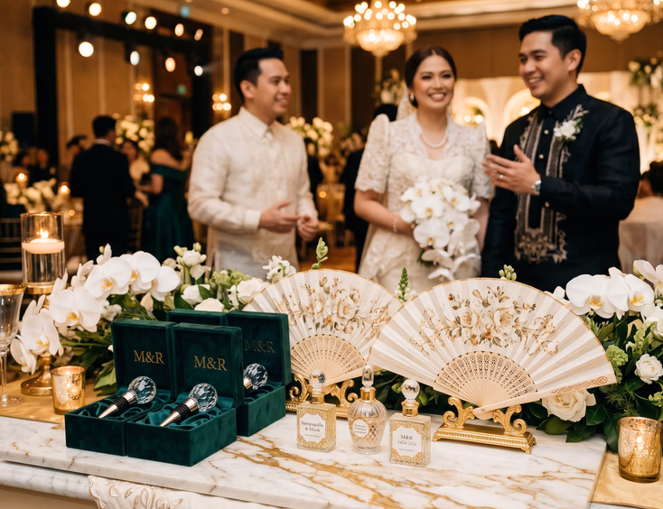 Luxury Filipino wedding reception giveaways including crystal wine stoppers, artisanal perfume bottles, and hand-painted silk fans displayed on a marble table with white orchids and gold accents at a Manila hotel ballroom