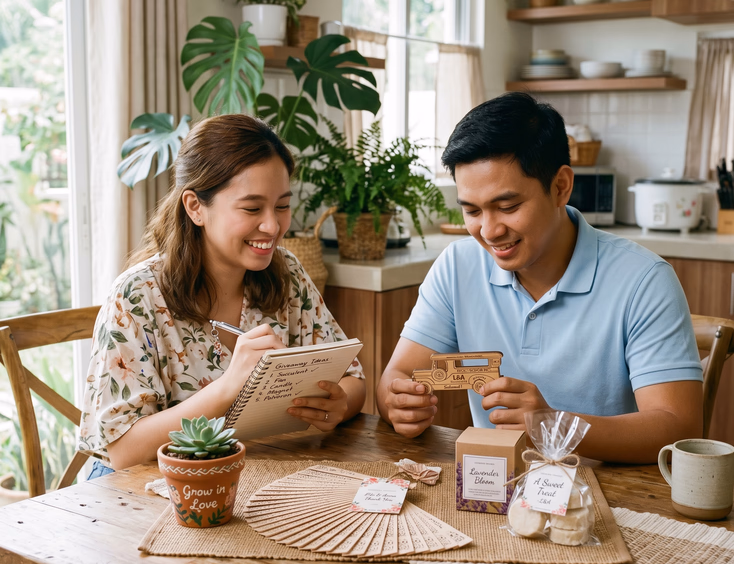 Young Filipino couple sitting at a kitchen table comparing wedding giveaway samples including a succulent, personalized fan, candle, polvoron, and ref magnet while the woman takes notes in a bright modern home interior