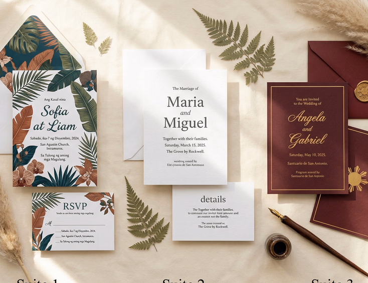 A styled flat lay of three Filipino wedding invitation suites on a warm cream linen surface, each in a distinct design style — tropical botanical, minimalist white cardstock, and gold foil with wax seal — surrounded by dried pampas grass, pressed fern leaves, and a calligraphy pen in soft natural daylight.